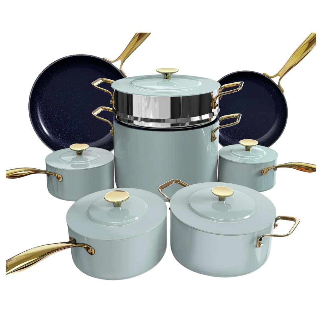 13-Piece Cookware Set With Elegant Gold Handle