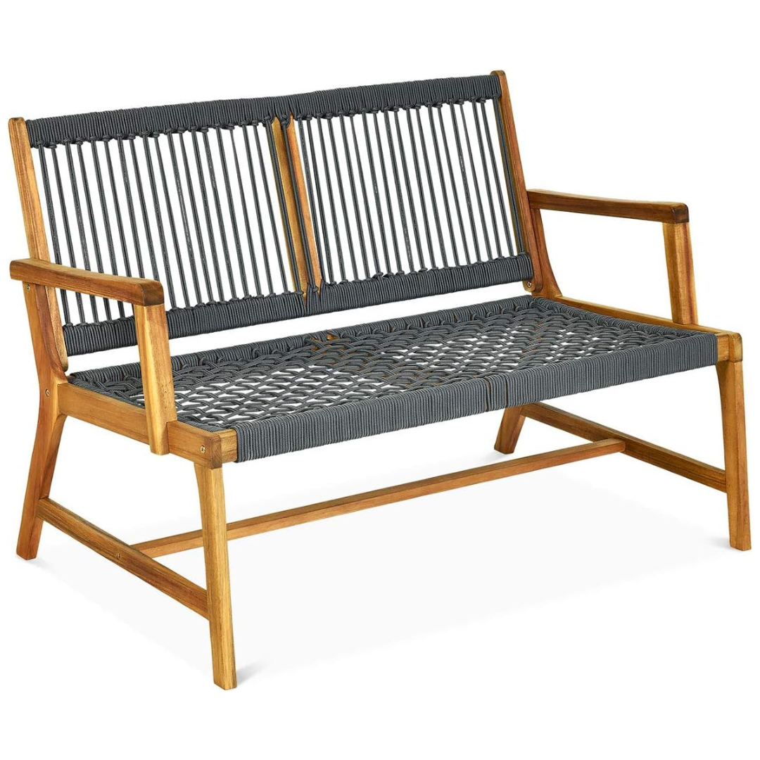Tangkula 2-Person Patio Acacia Wood Bench Loveseat Chair