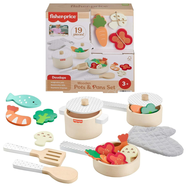 19-Piece Fisher-Price Wood Kitchen Pretend Play Toy Pots & Pans Set