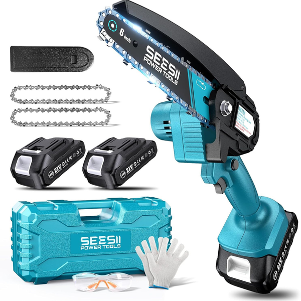 6" Seesii Mini Cordless Electric Hand Chainsaw W/ 2-Batteries & Accessories