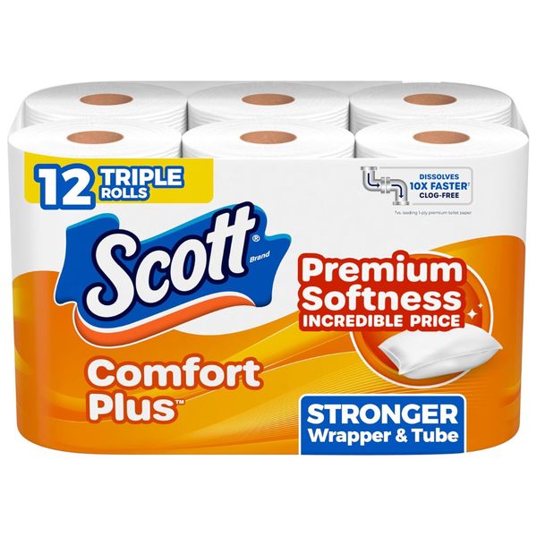 12 Triple Rolls Scott Comfort Plus 1-Ply Toilet Paper