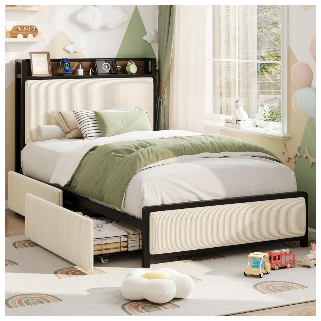 Twin Velvet Bed With 2 Drawers And Charging Station