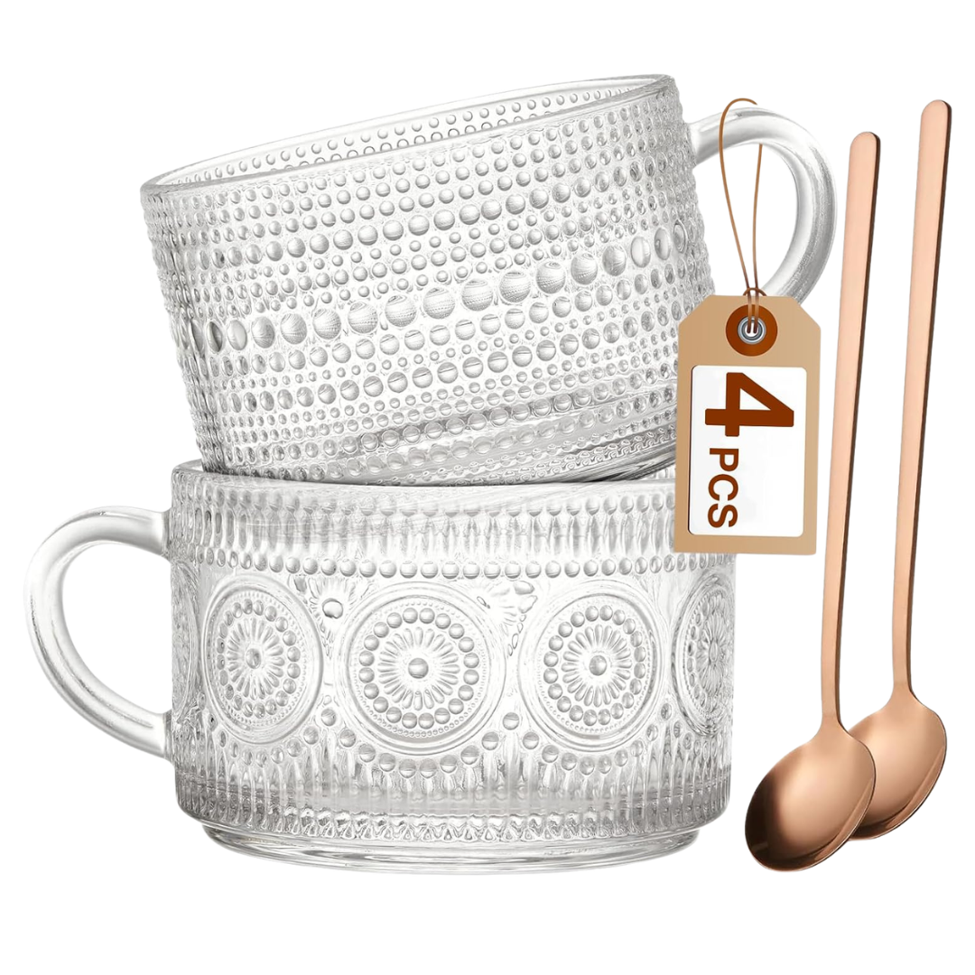 2-Pack 14-Oz Mfacoy Vintage Embossed Glass Coffee Mugs