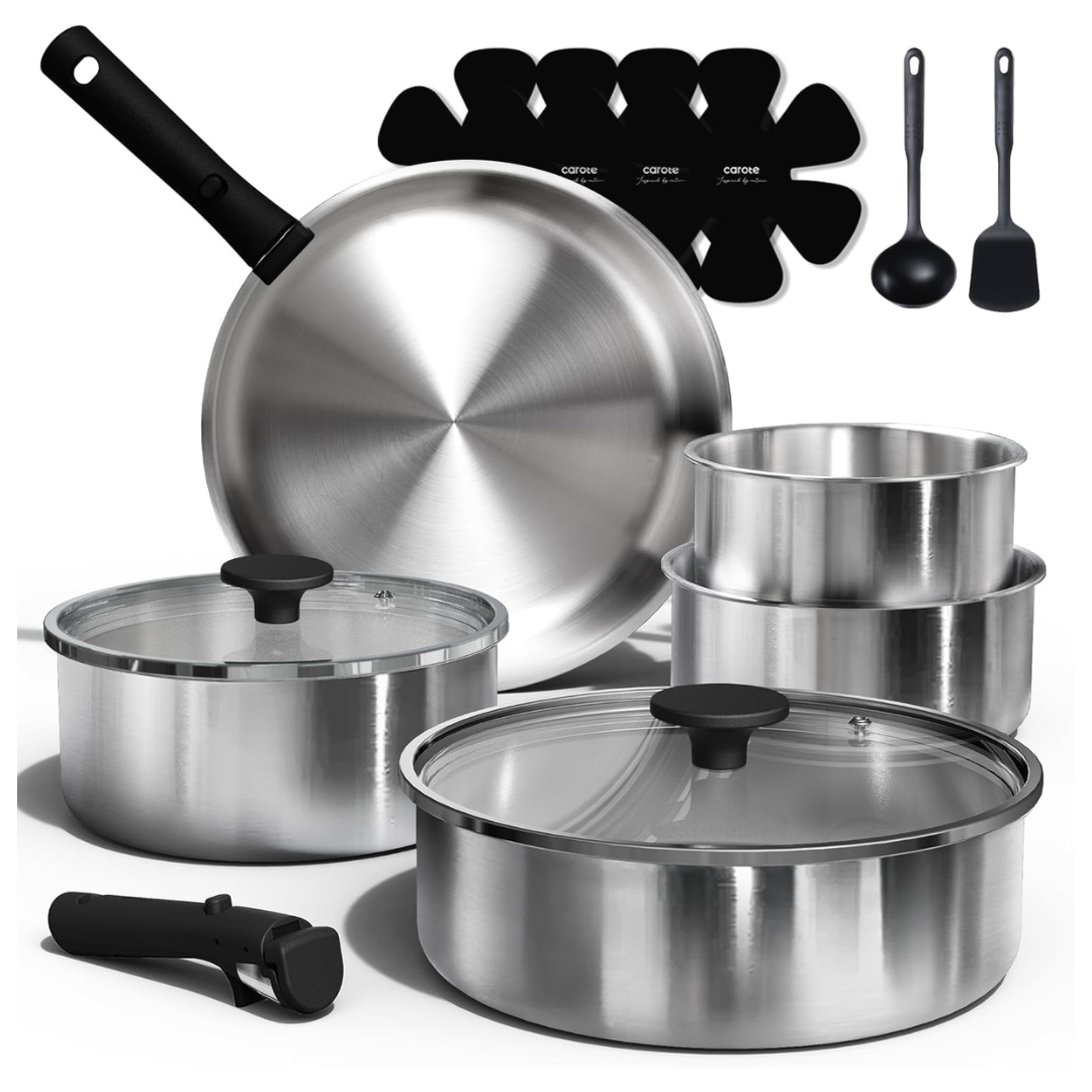 15-Piece Stainless Steel Cookware Set With Detachable Handle