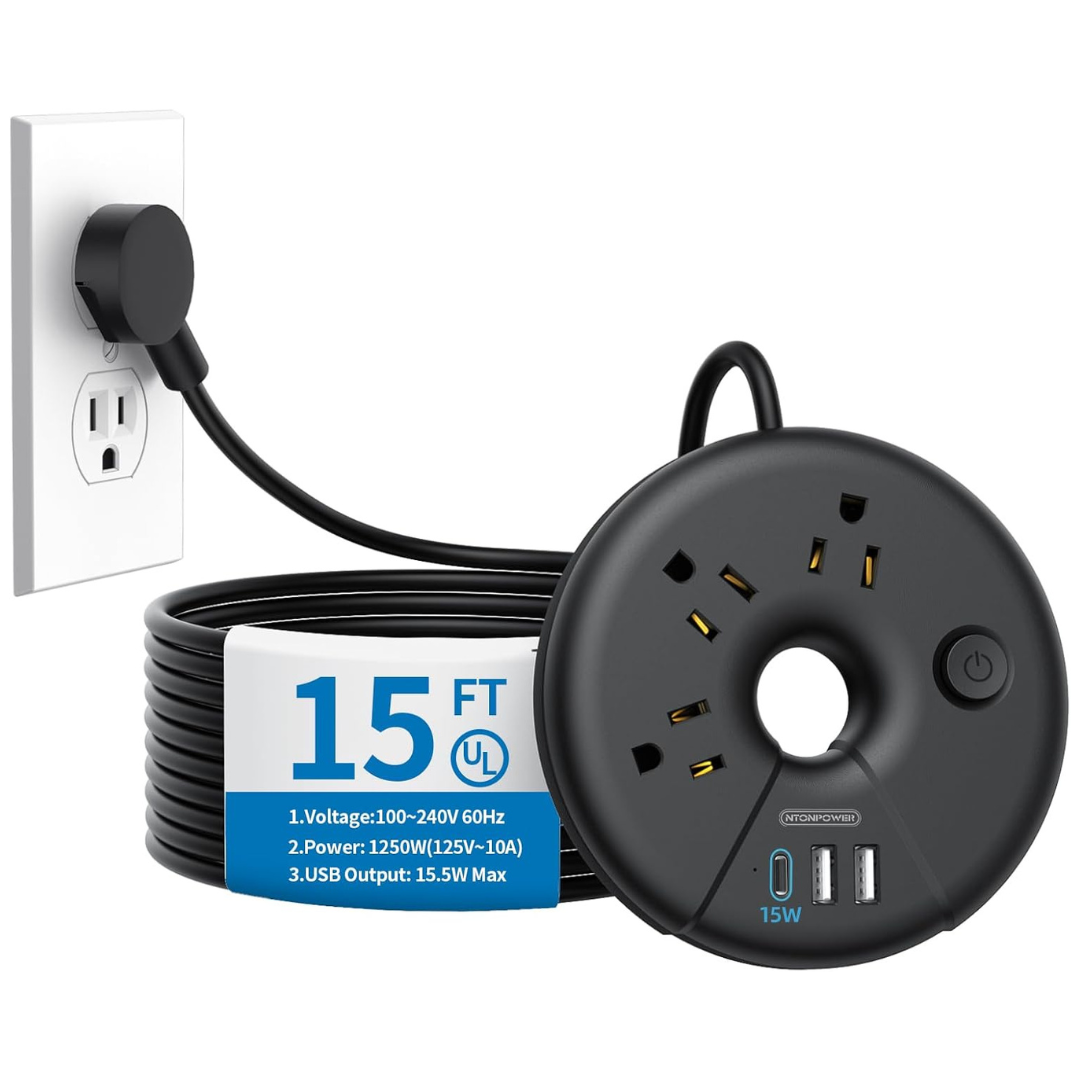 15FT Extra Long Flat Plug Power Strip W/ Multiple Outlets