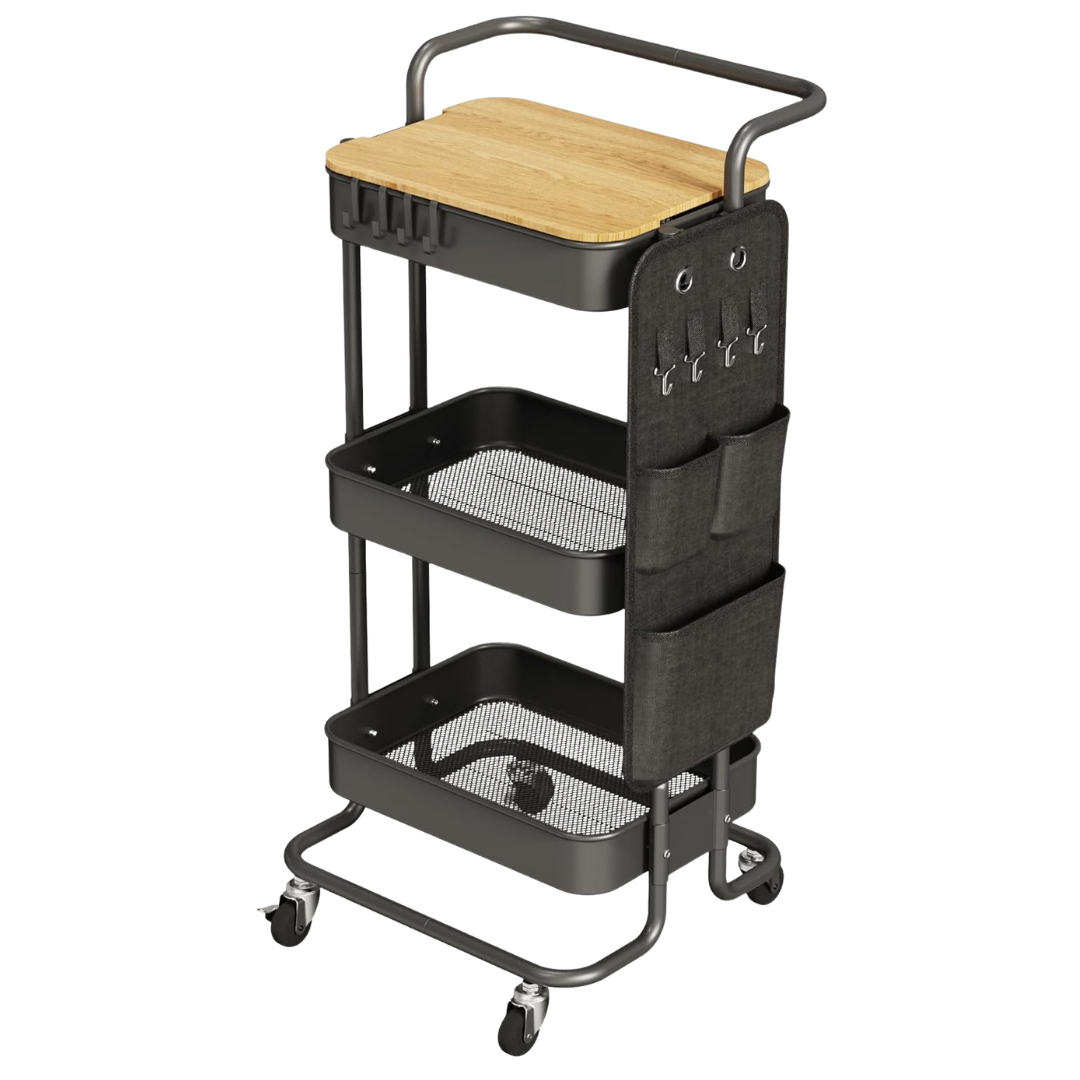 3 Tier Metal Utility Rolling Cart With Table Top And Side Bags