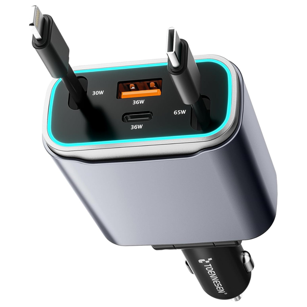 131W 4-in-1 USB-C Retractable Car Charger With Dual Cables
