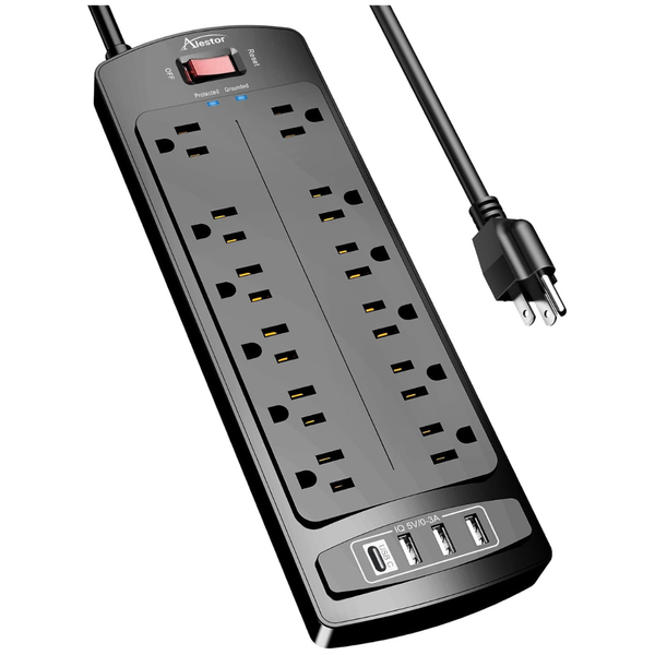Alestor 12-Outlet 4-USB 6ft Extension Cord Surge Protector