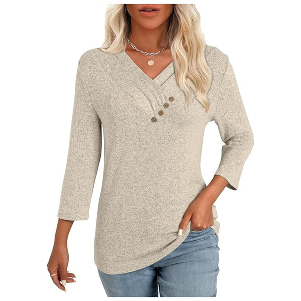 Women's 3/4 Sleeve V-Neck Button Down Tunic Tops (Various)