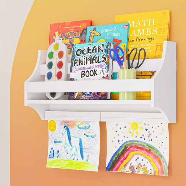 RiverRidge Wall Mount Floating Bookshelf with 2 Art Display Bars