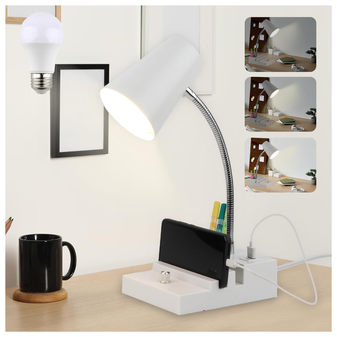 Desk Lamp With USB Charging, Night Light & Pen Holder
