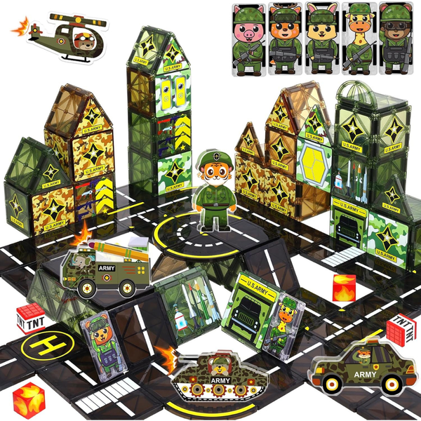 63-Piece Army Magnetic Tiles Set With Vehicles & Soldiers