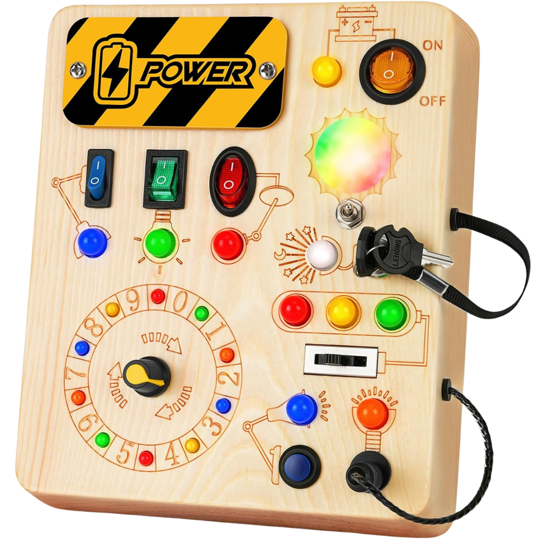 Wooden Toddler Busy Board W/ LED Lights & Switches