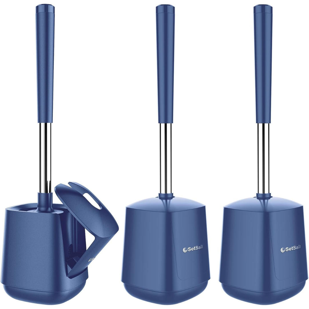 3-Pack SetSail Toilet Brush & Holder W/ Self Closing Lid (3 Colors)