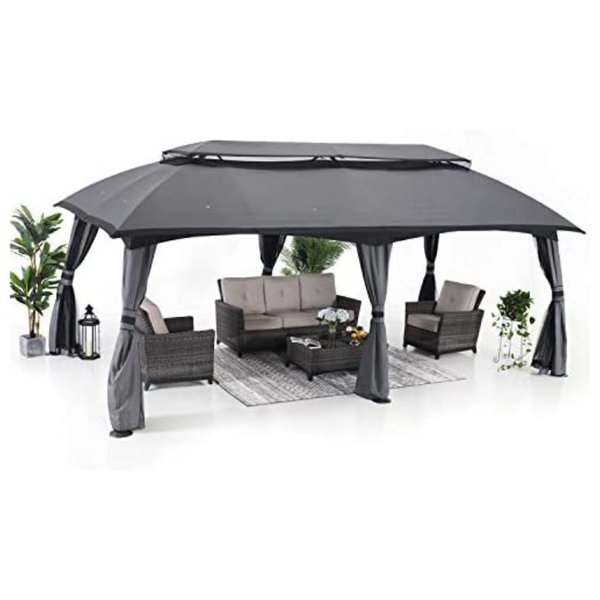 10 x 20ft Outdoor Gazebo With Mosquito Netting & Double Roof