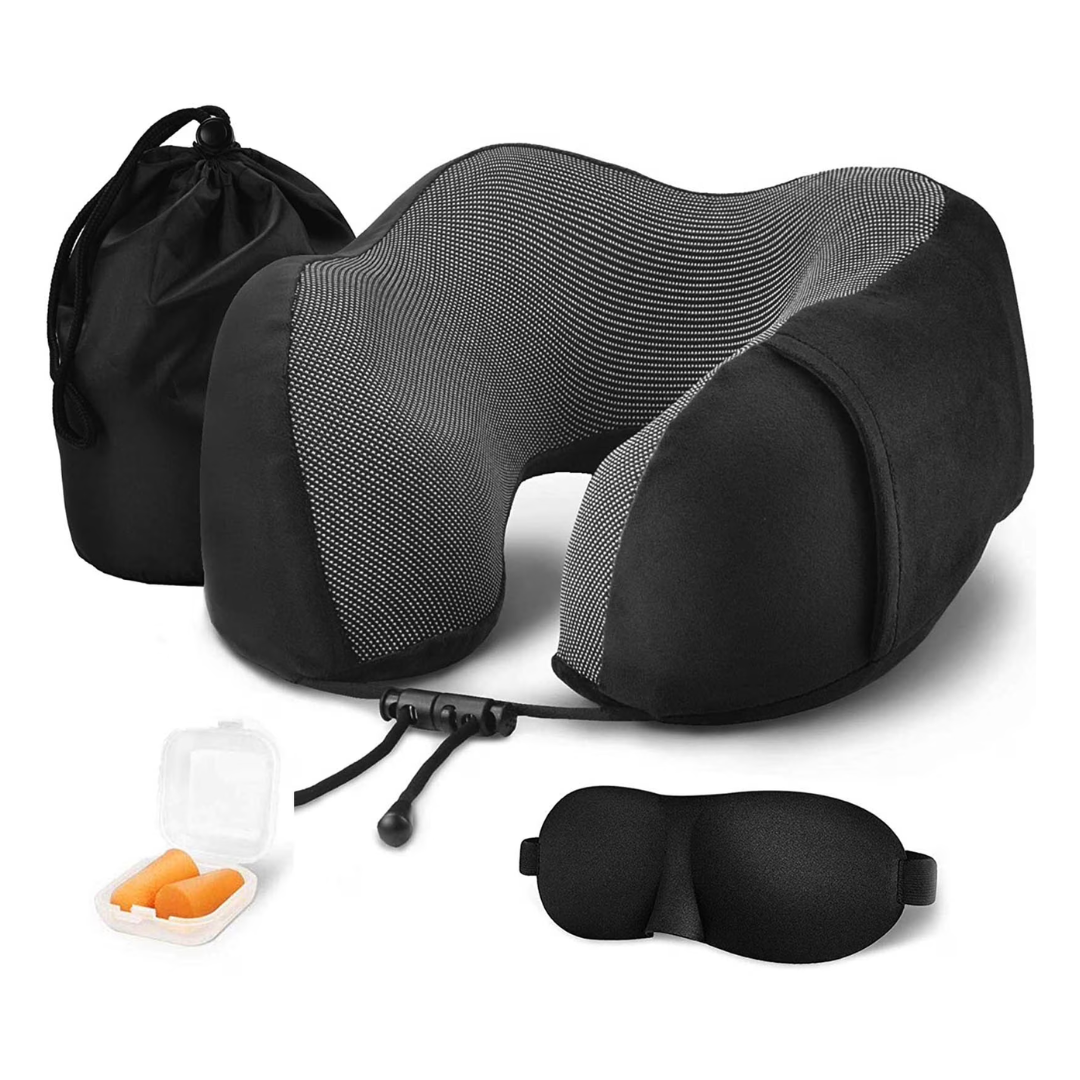 3-Piece Travel Memory Foam Neck Pillow with Storage Bag Eyemask & Earplugs