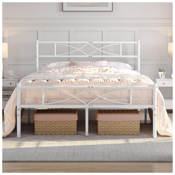 Full Metal White Platform Bed Frame W/ Curved Headboard & Footboard