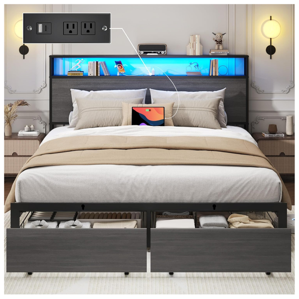 Lifezone Queen Metal Platform Bed Frame W/ 2-Tier Storage Headboard
