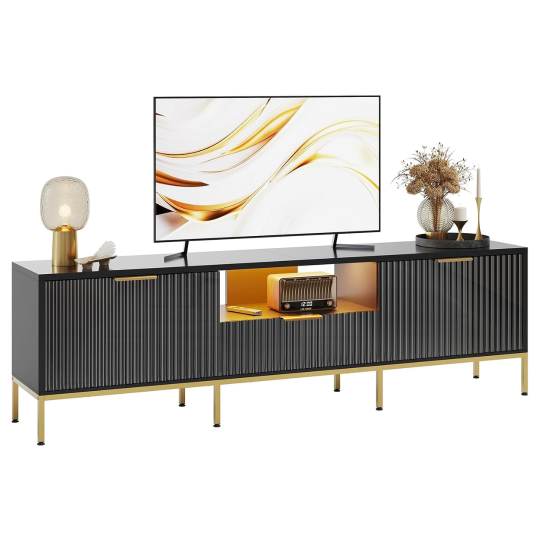 Bestier 70" Modern Black TV Stand With LED Lights & Storage