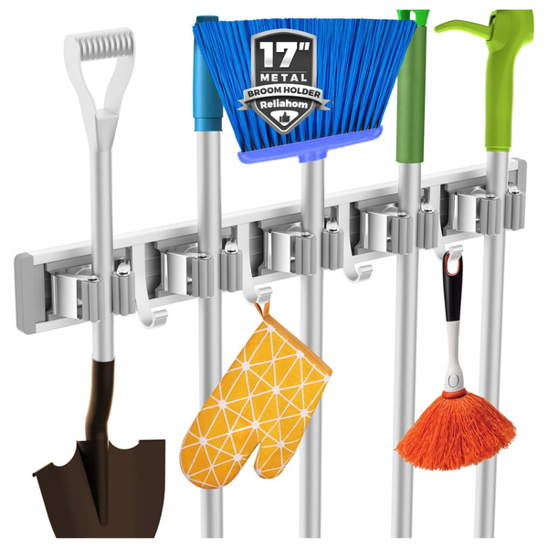 Reliahom 5-Racks Wall-Mount Broom & Mop Holder With 4-Hooks (2 Colors)