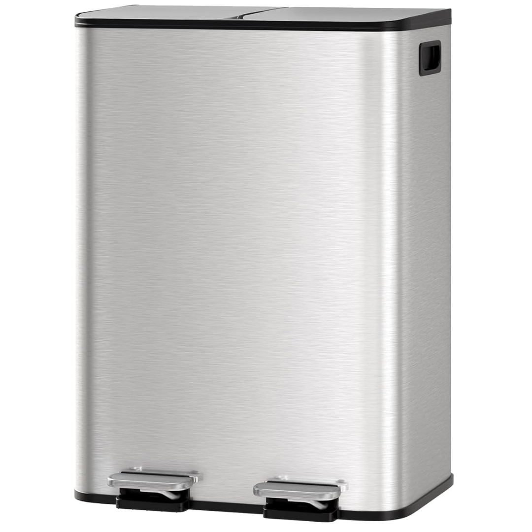 16-Gallons GarveeHome Stainless Steel Double Trash Can W/ Lid (2 x 8 Gal)