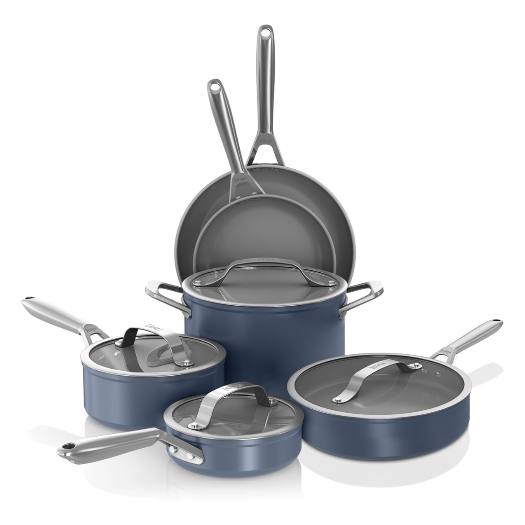 10-Piece Ninja Ceramic Pro Non-Stick Pots & Pans Cookware Set W/ Glass Lids