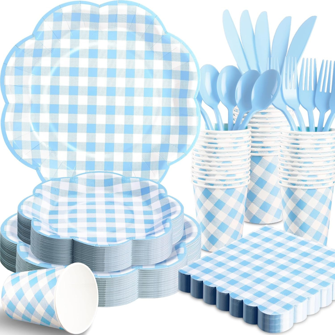 350-Pieces Disposable Blue Gingham Party Plates & Napkins Set