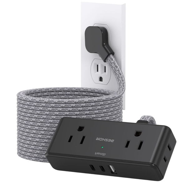 BESHON 15-Feet Extension Power Strip Flat Plug