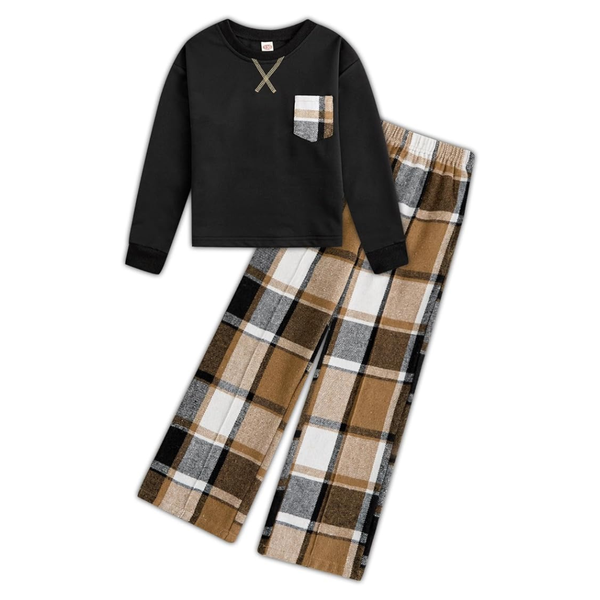Girl's Solid Long Sleeve Top & Plaid Wide Leg Pants With Pockets (Various)