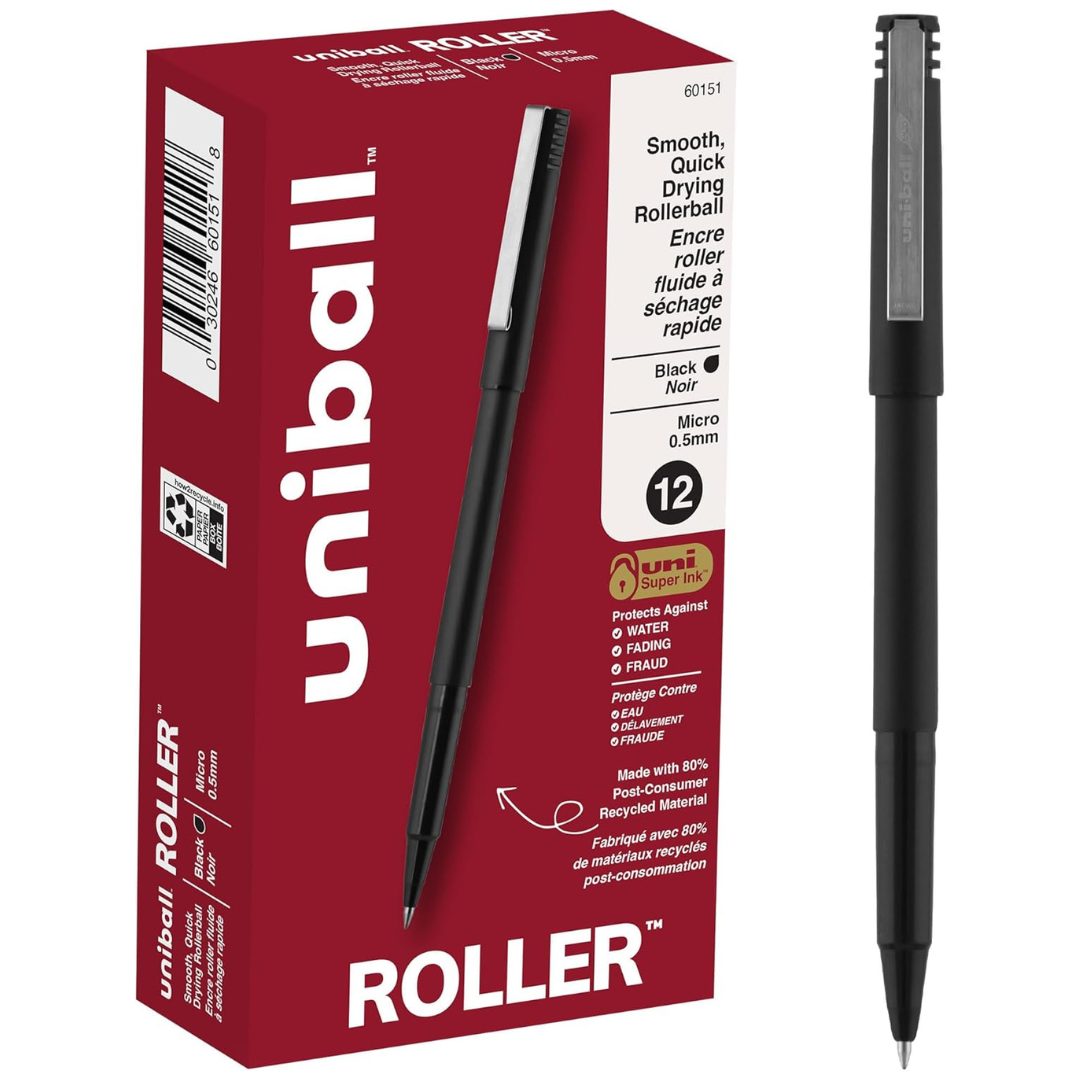 12-Pack Uniball Roller Rollerball 0.5mm Pens (Black)