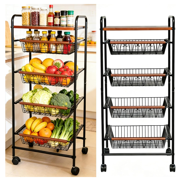 5-Tier Metal Fruit Vegetable Storage Rolling Cart W/ Wire Basket