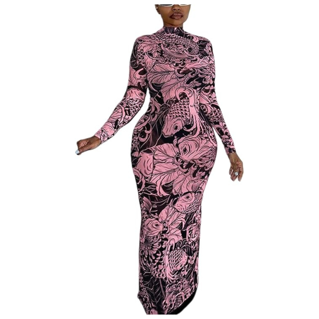 acelyn Women's Sexy Mesh Long Sleeve Maxi Dress