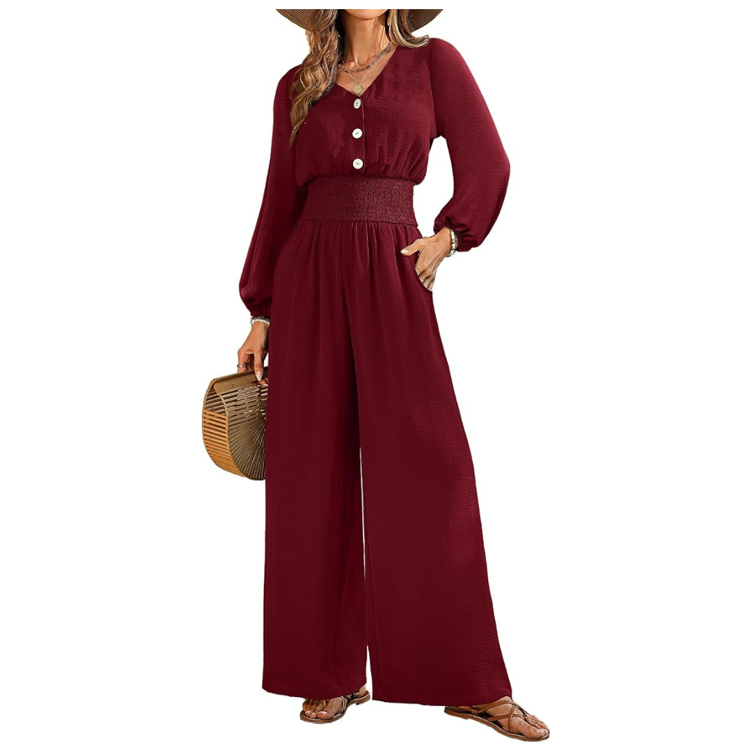 Women's Wide Leg Long Sleeve V Neck Romper