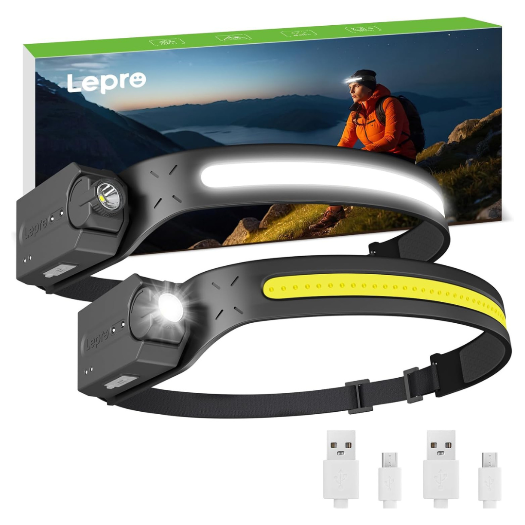 2-Pack Waterproof Rechargeable Motion Sensor LED Headlamp
