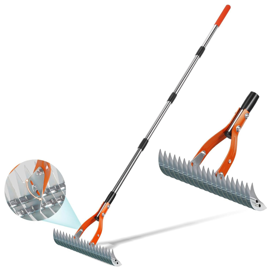 Yofidra 15" Heavy Duty Metal Dethatcher Rake W/ 70" Adjustable Manual Thatcher (Orange)