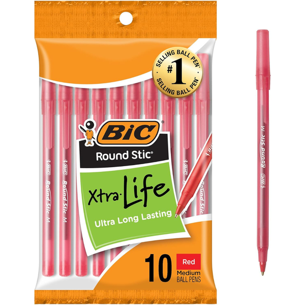 10-Count BIC Round Stic Xtra Life Red Ballpoint Pens