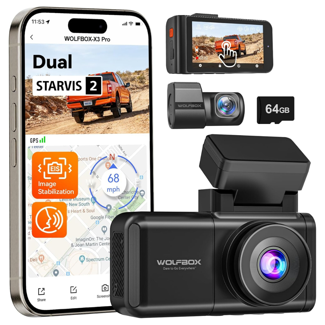 WOLFBOX X3 PRO 1440P Front & Rear Dash Cam W/ GPS & 64GB Card Included