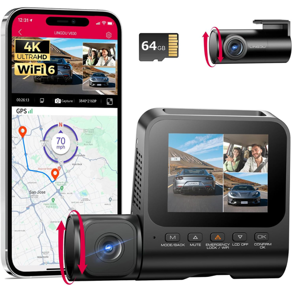 3-Channel 4K Front 1080P Inside & Rear Dash Cam W/ WiFi, GPS & APP