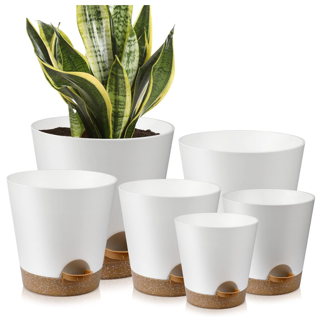 Set of 6 Self Watering Indoor Plant Pots With Drainage & Saucers