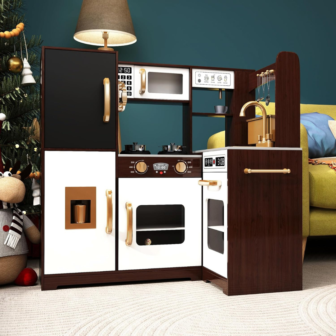 TaoHFE Espresso Corner Play Kitchen Set With Lights & Accessories