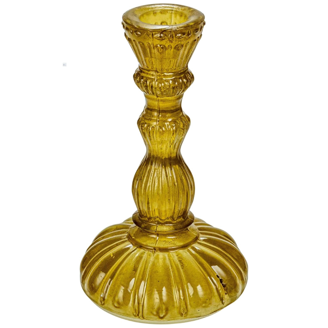 Creative Co-Op Tall Embossed Reclaimed Glass Taper Candle Holder