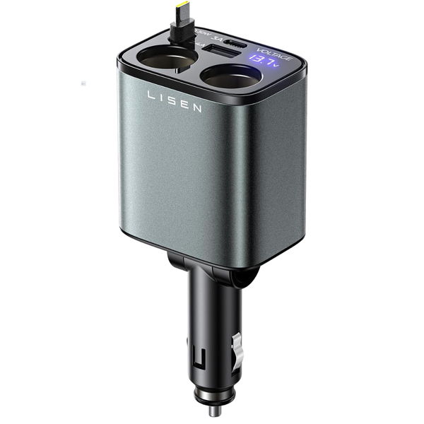 LISEN 90W Dual Car Lighter Splitter W/30W Retractable Cable & USB-C/A Ports