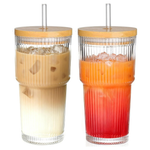 2-Piece 20oz Ribbed Glass Coffee Cups With Lids And Straw