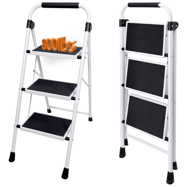 Sweetcrispy 330lbs 3-Step Folding Ladder With Handrail
