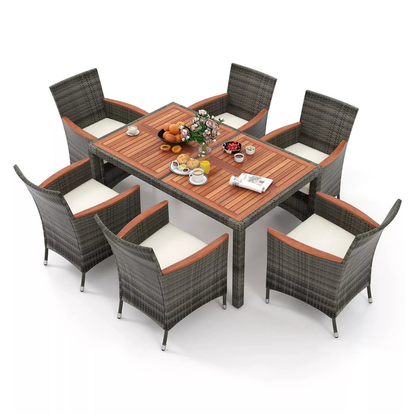 GOUUN 7 Pieces Patio Acacia Wood Cushioned PE Rattan Wicker Dining Set