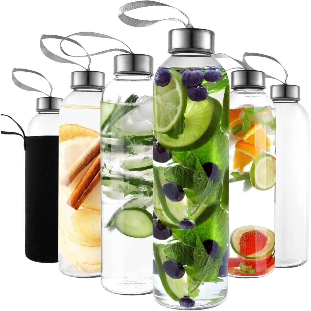 6-Pack 18oz Kitchen Lux Glass Water Bottles With Sleeves & Airtight Lids
