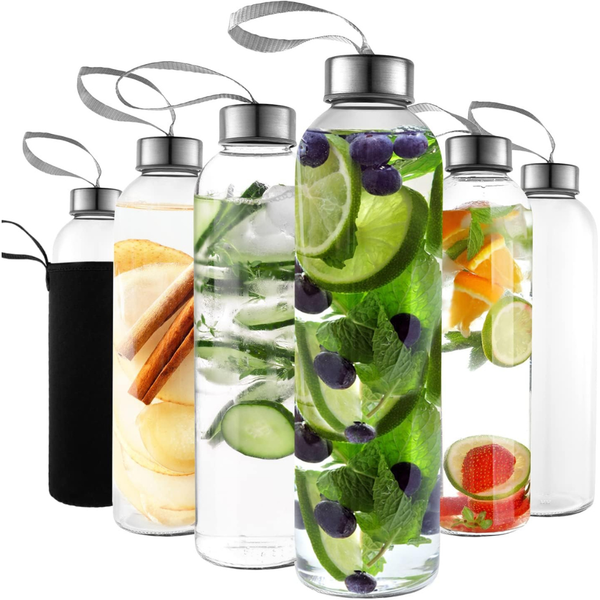 6-Pack 18oz Kitchen Lux Glass Water Bottles With Sleeves & Airtight Lids