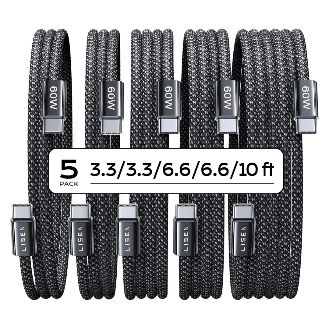 5-Pack Lisen 60W USB-C Braided Charger Cables (3.3/3.3/6.6/6.6/10 Ft)