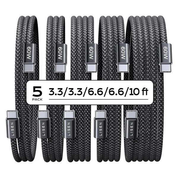 5-Pack Lisen 60W USB-C Braided Charger Cables (3.3/3.3/6.6/6.6/10 Ft)