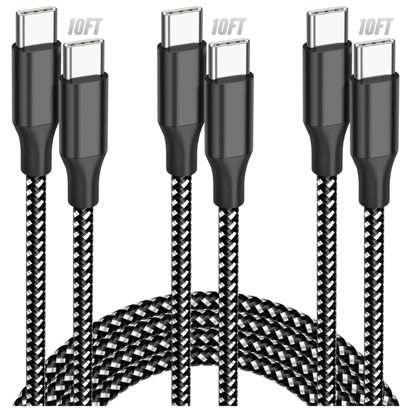 3-Pack 10-Ft Nylon Braided 60W USB-C To USB-C Charging Cable